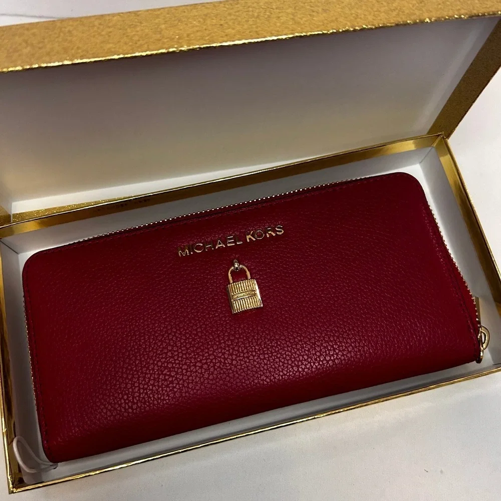Michael Kors Scarlet Red Leather Zip Around Continental Wallet Gold Lock